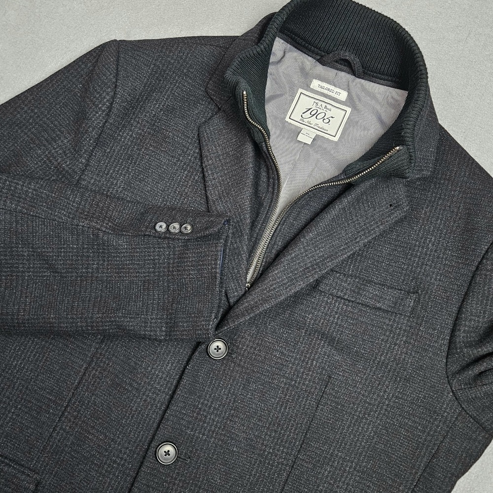 Jos A Bank Top Coat Mens Size XL Tailored Fit Removable Collar Wool Blend Plaid